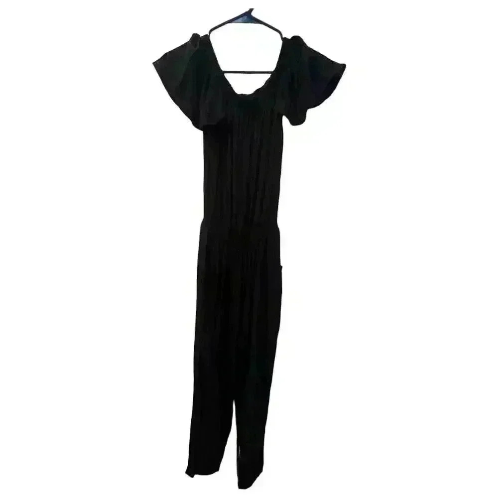 Beachgold Black Off-the-Shoulder Jumpsuit XS Short Sleeve Elastic Waist Pockets - Picture 3 of 7